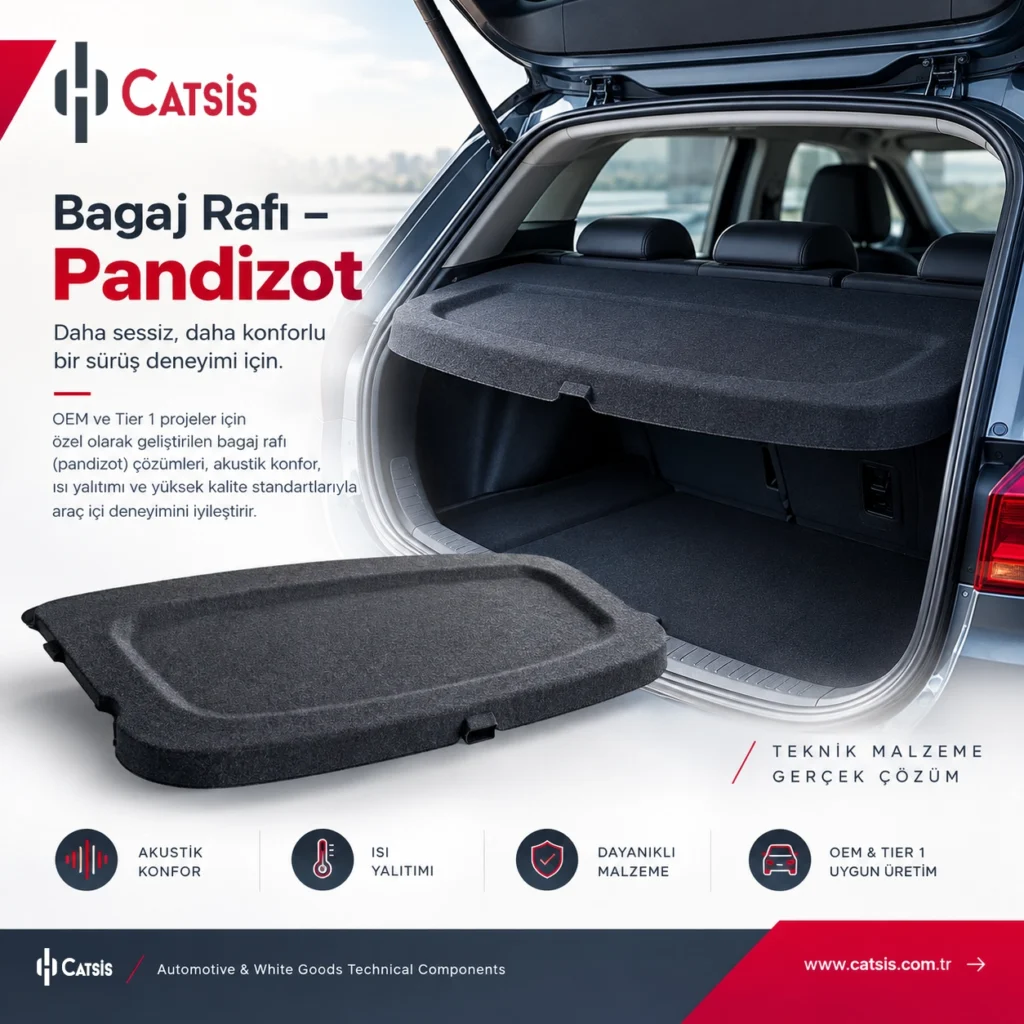Bagaj Rafı – Pandizot, otomobillerin bagaj bölümünde kullanılan bir otomotiv iç trim komponentidir. Ürün, PP (polipropilen) ile güçlendirilmiş yapı ve otomotiv halısı ile kaplanmış yüzeyden oluşur.