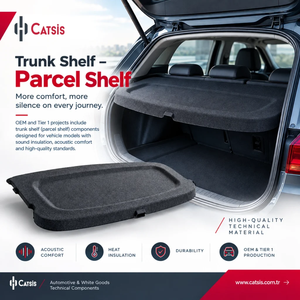 The Rear Parcel Shelf / Luggage Compartment Cover is an automotive interior trim component used in the luggage compartment of passenger vehicles. The component features a PP (polypropylene)-reinforced structure covered with automotive carpet.